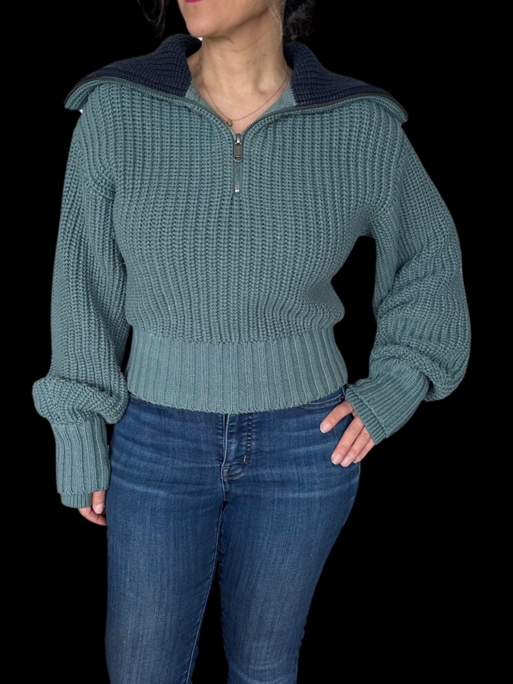 Athleta XXSP Teal & Navy Quarter Zip Knit Sweater | Versatile Collar